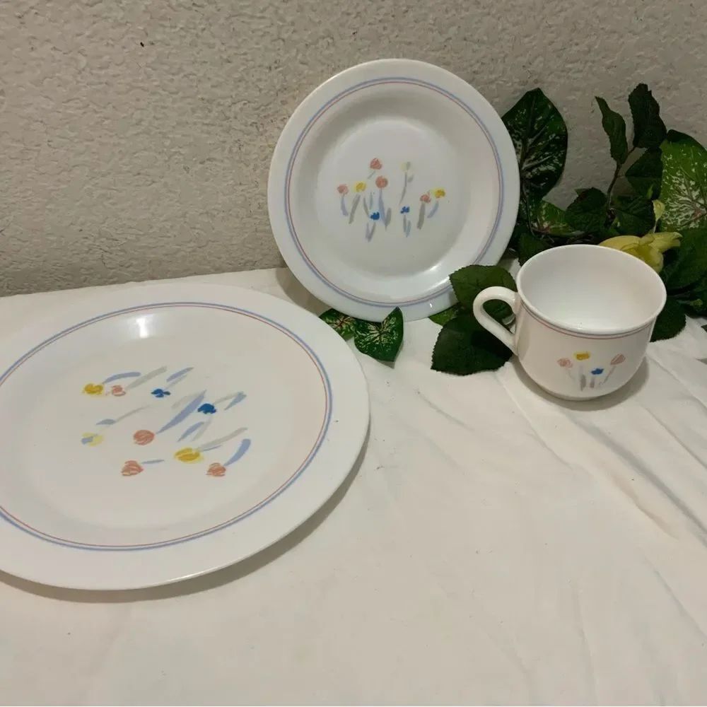 3 Arcopal France dinner salad plates cups White Milk Glass With Flowers Pastoral